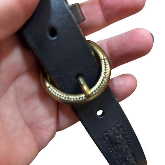 Talbots Navy Blue leather belt brass buckle textured braided classic preppy S - Picture 4 of 7
